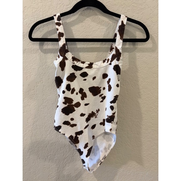 Forever 21 Tops - Forever 21 Brown White Cow Print Bodysuit Sleeveless Scoop Neck Small